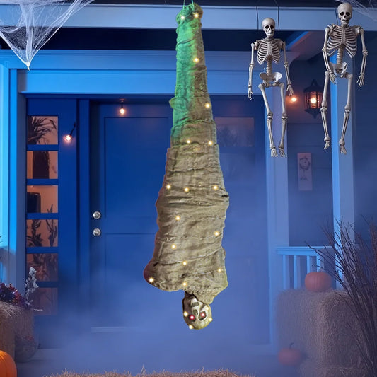 65" Halloween Decoration Cocoon Corpse Animated Hanging Dead Body Prop Indoor Decor Corpses Skeleton Outdoor Decor with Full Body Lights and LED Eyes & Spooky Sound for Yard, Haunted House