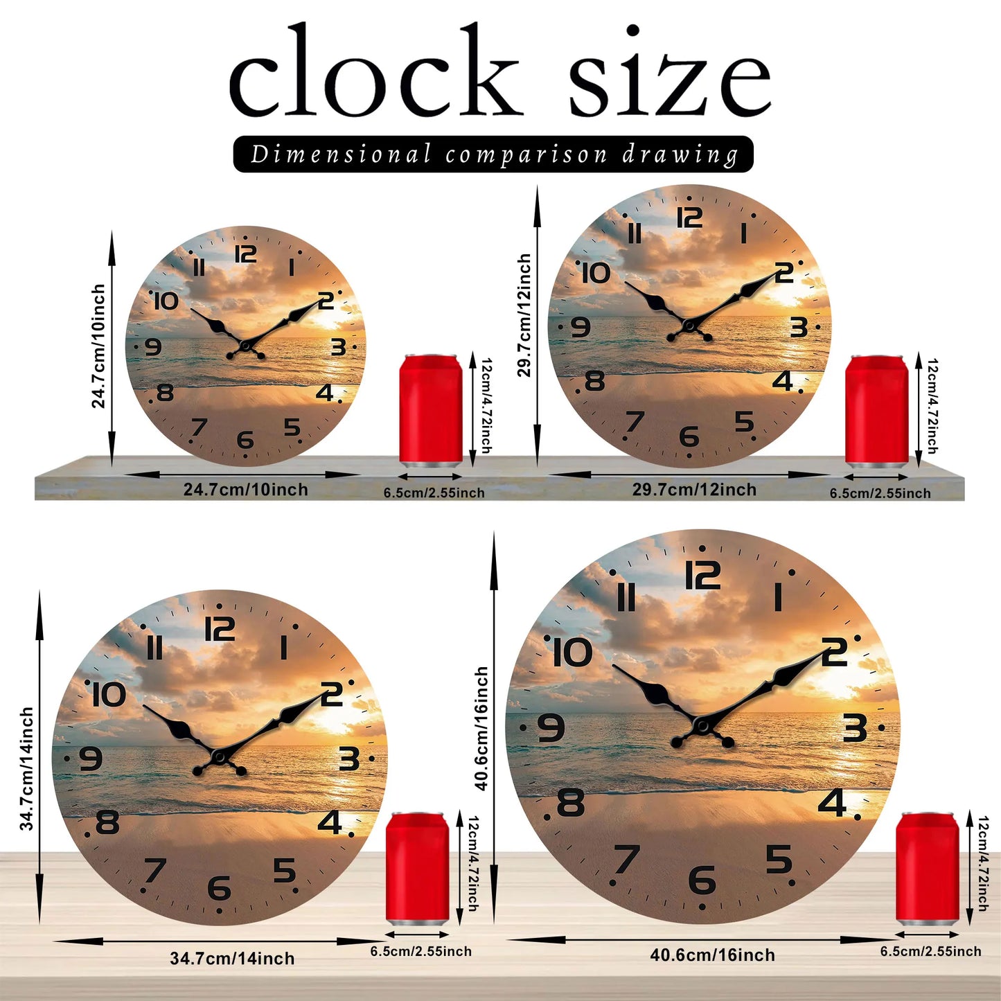 Sunset on the beach with Sea view Silent wall clock, round wooden wall clock, suitable for living room bedroom, room decoration,