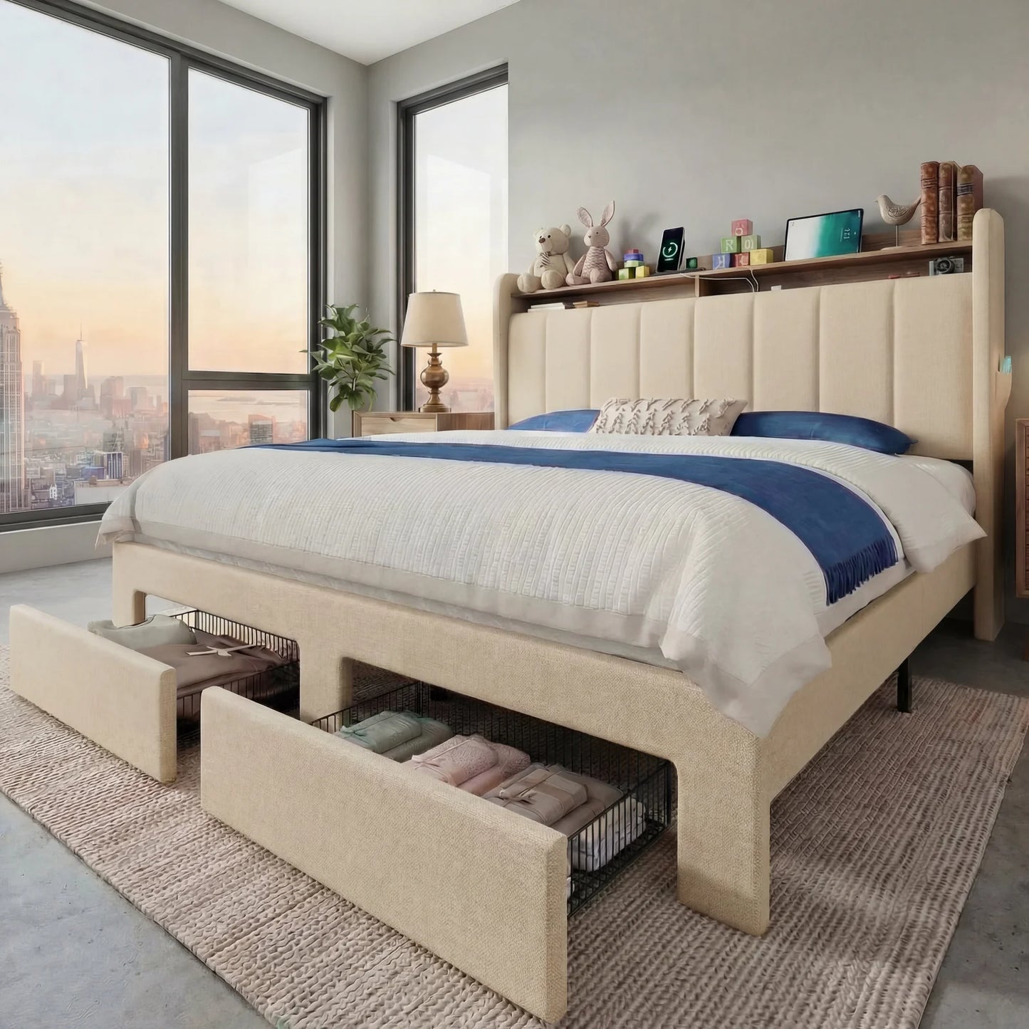HOOMIC Bed Frame, 2 Storage Drawers/2-Tier Shelves with LED Lights & Charging Station, No Box Spring Need, Full/Queen/King