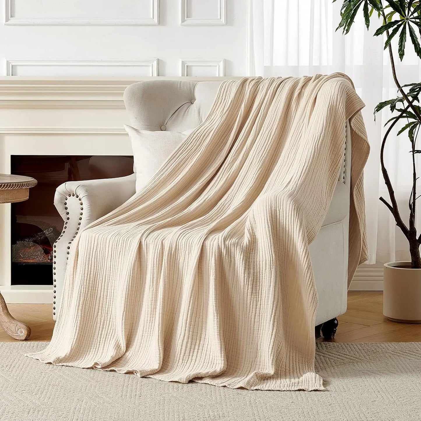 100% Cotton Muslin Throw Blanket for Couch, Bed, Sofa - Lightweight, Breathable, All-Season Luxury Gift in Light Tan