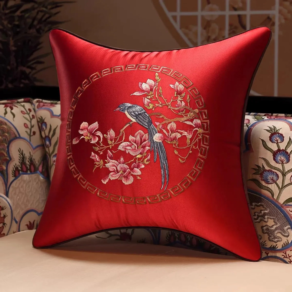 New Chinese Style Embroidered Bird Cushion Cover Living Room Sofa Waist Pillow Luxurious Classical Bed Head Silk Pillowcase