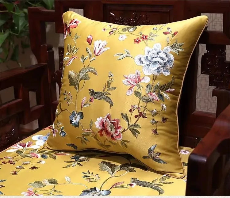 New Chinese Style Embroidered Bird Cushion Cover Living Room Sofa Waist Pillow Luxurious Classical Bed Head Silk Pillowcase