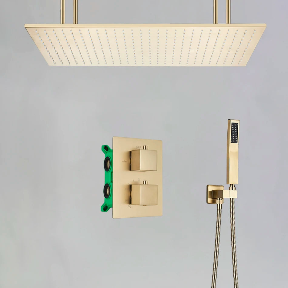 Bathroom Brushed Gold Thermostatic Shower Faucet Big Rainfall Head Ceiling Mounted Bathtub Mixer Tap Bath Shower Set System