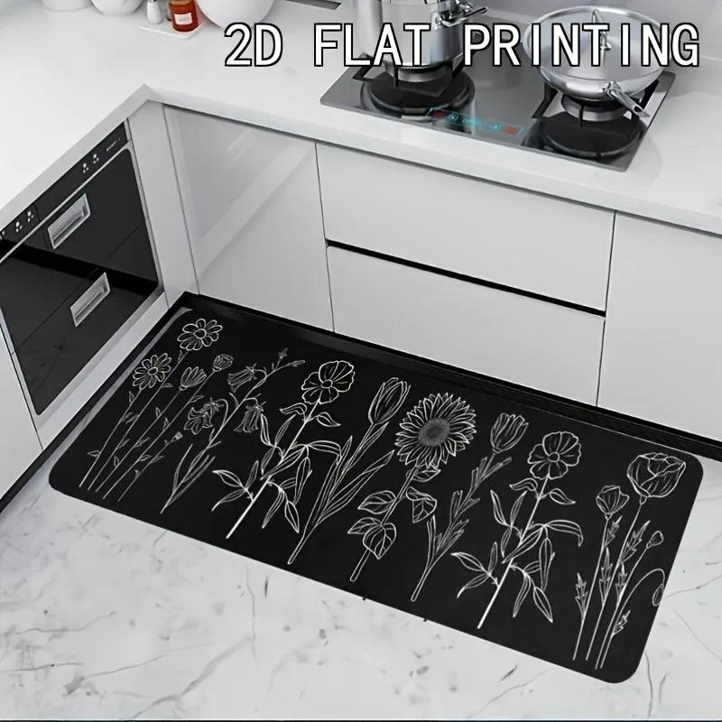 Simple Black White Line Art Wildflower Sunflower Runner Rug, Non-Slip Kitchen Rug for Kitchen, Living Room, Bathroom