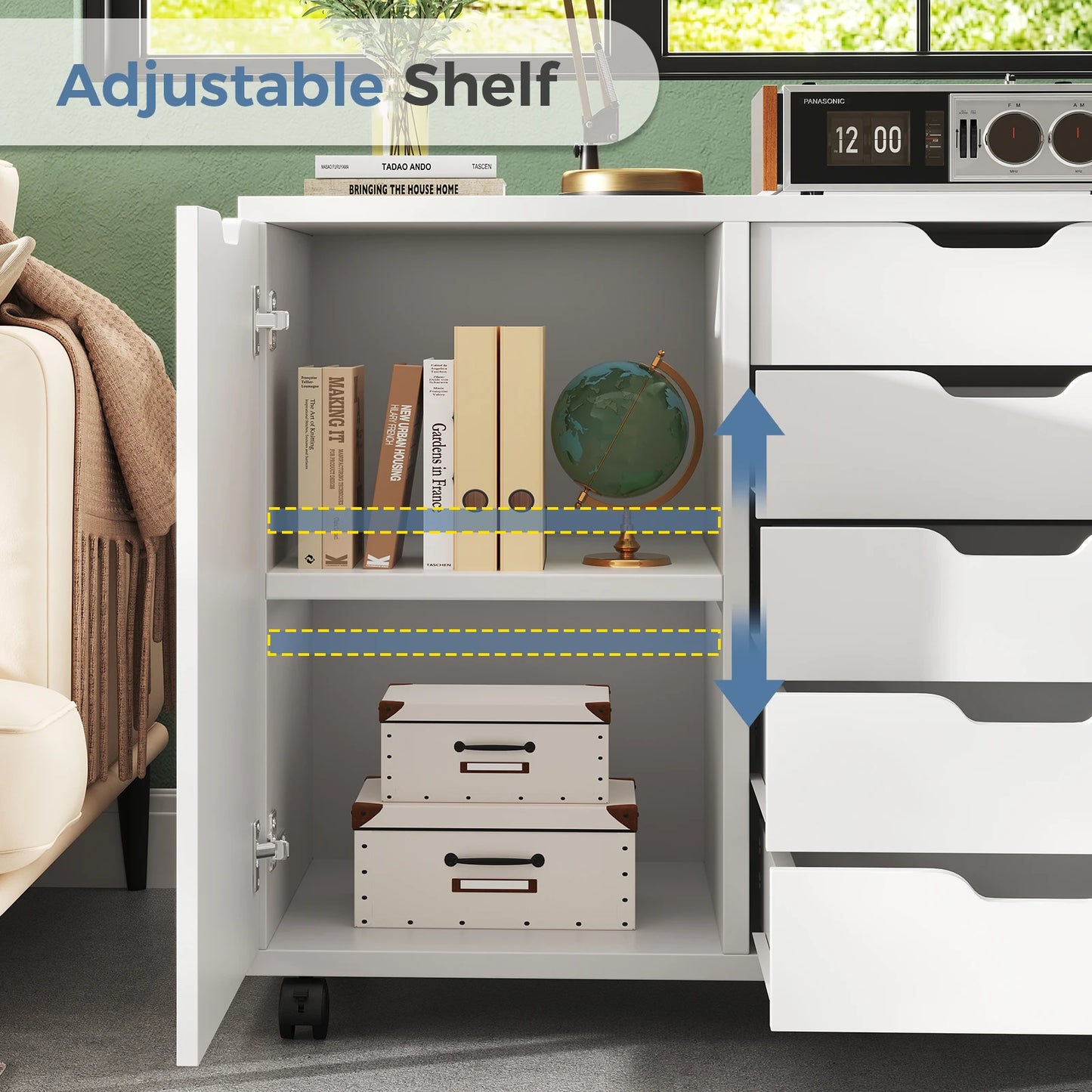 JHK Wood 5 Drawers Cabinets Organizer with Wheels Rolliing File Cabinet with Shelves and Door Printer Stand  for Home Office