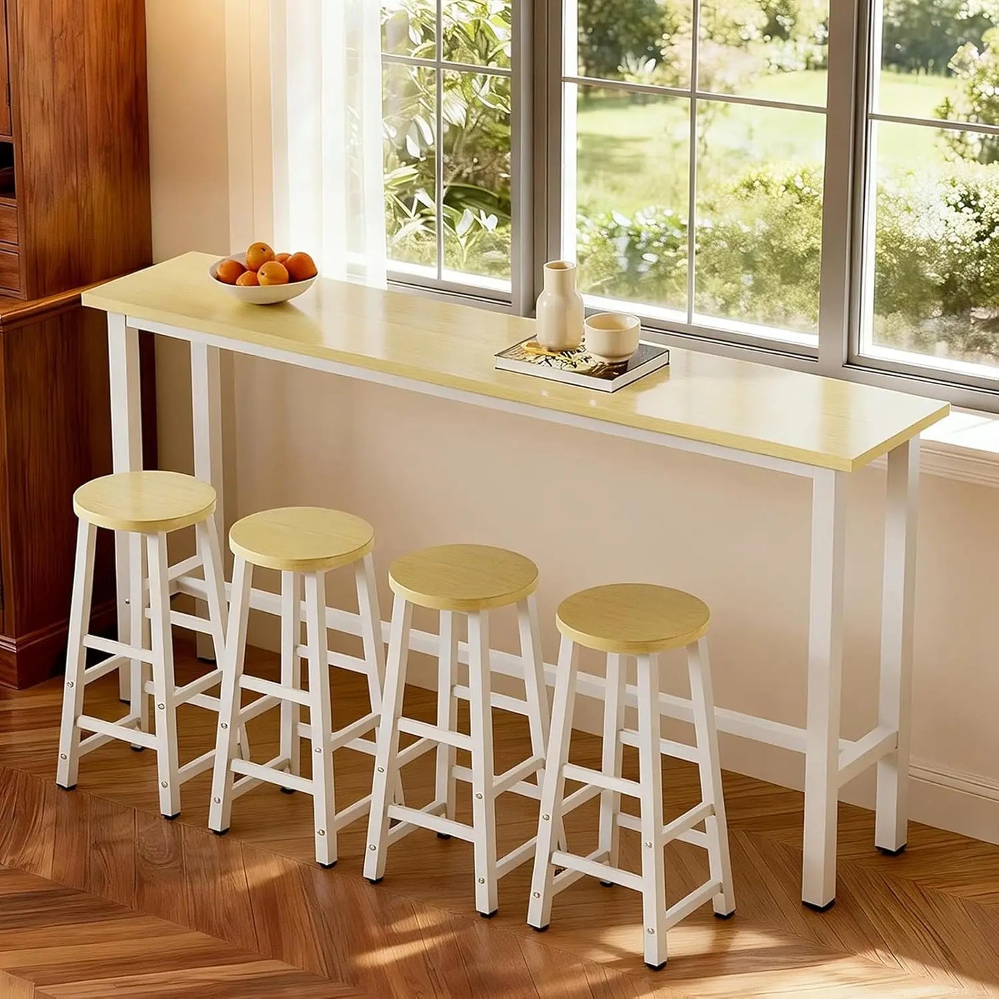 71" Bar Table and Chairs Set, 5-Piece Bar Height Pub Table with 4 Stools, Tall High Top Table with Sturdy Metal, Customized