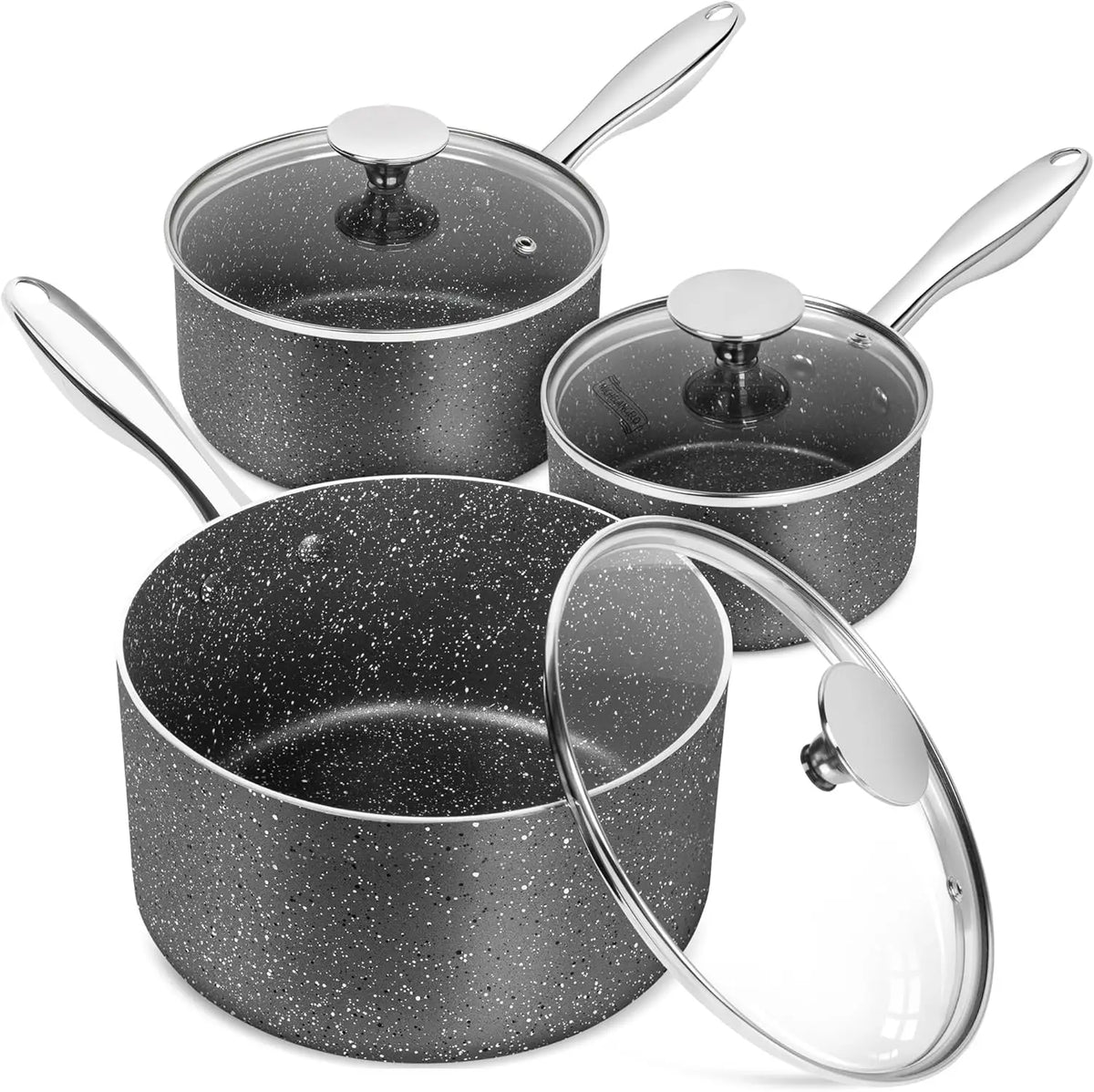 MICHELANGELO 3 Piece Granite Coated Pot Set with Lid 1QT 2QT 3QT Stainless Steel Handle for Oven and Induction Cooktop