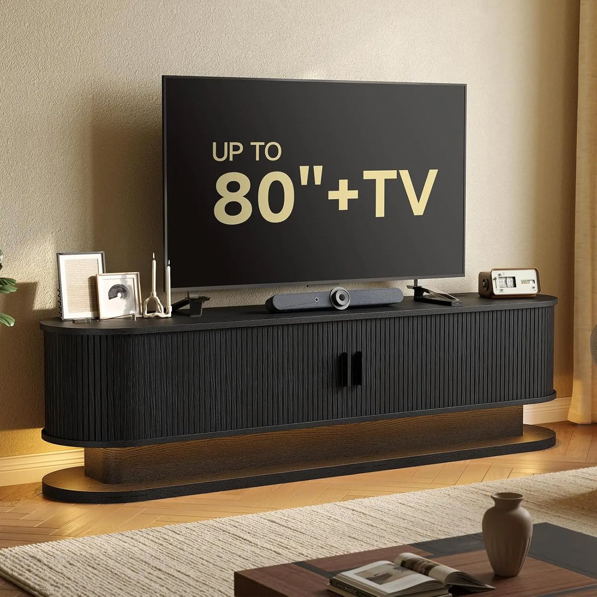 70" Modern TV Stand for TVs up to 80" with LED Light Strip & Power Outlet | Entertainment Center/Shelf, Durable Chipboard, Free Shipping