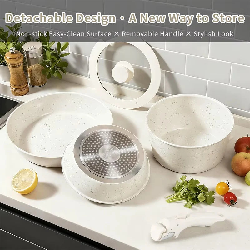 Non-stick pan, 17-piece frying pan set, suitable for induction cooktops and open flames, frying pan set, long-lasting non-stick, scratch-resistant surface, dishwasher safe, creamy white, can be given as a gift