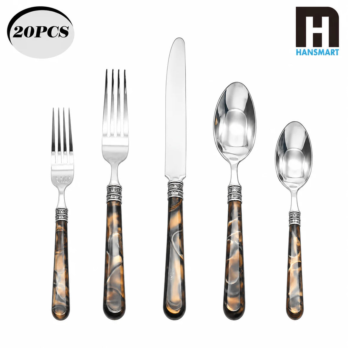 Barenthal Tortue Sandstone Handle Flatware Set 20Pcs Stainless Steel Cutlery Set Vintage Marble Pattern Dinner Fork Knife Spoon Tableware Restaurant Home Dinner Party Steak Dessert Silverware