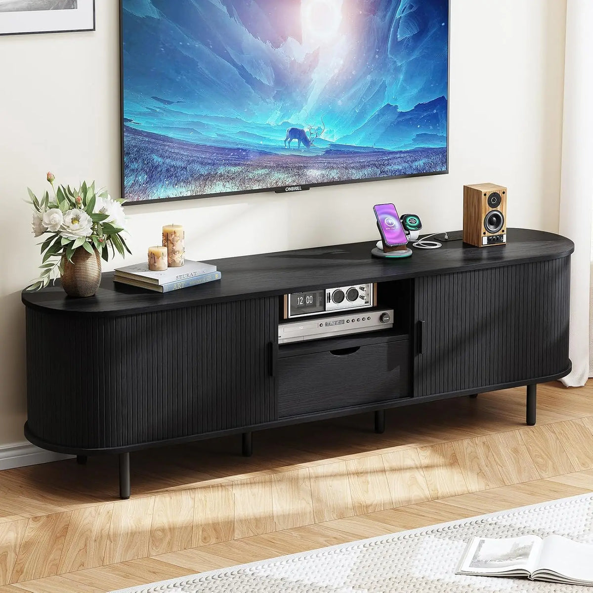 69" TV Stand w/ Power Outlet for TVs up to 80", Entertainment Center w/ Storage & Drawer, TV w/ Adjustable Shelves