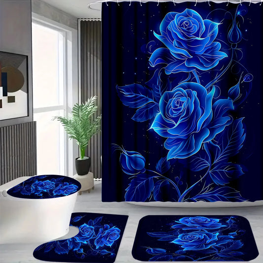 4Pcs Glowing Blue Rose Shower Curtain Set with Hooks, Neon Floral Starry Night Print Waterproof Mildew Resistant Fabric Bath Mat for Family Bathroom Home Decor