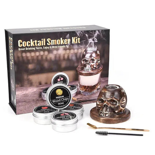Skull-Shaped Ceramic Cocktail Smoking Kit–4-Flavor Wood Chips Set for Whiskey & Craft Cocktails, Unique Gift for Bar Enthusiasts.