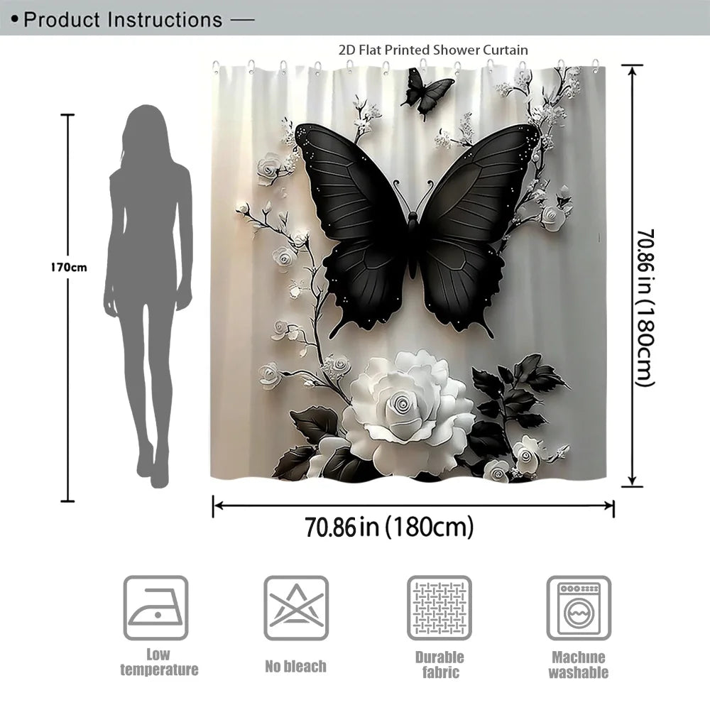 2D Flat Butterfly Floral Shower Curtain Rose Bathroom Decor Polyester with Hook