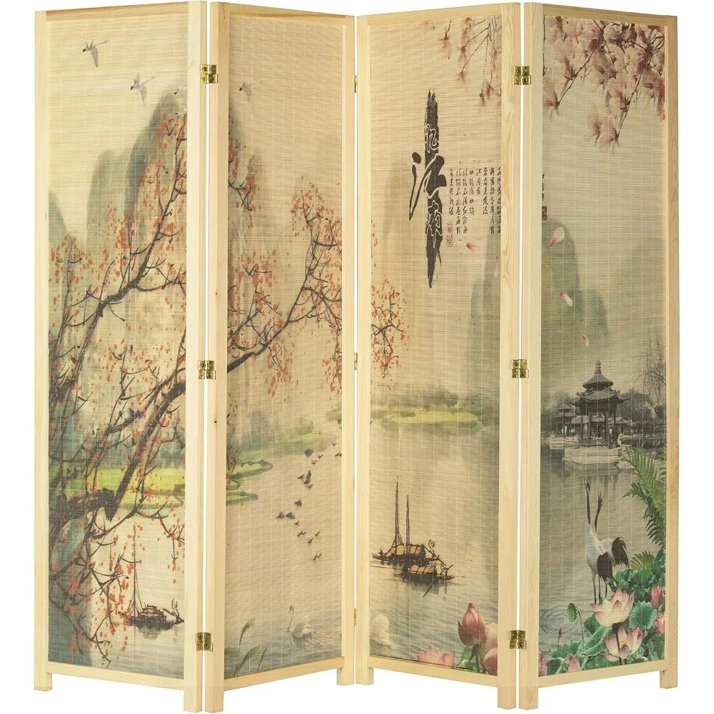 Office 4 Panel Folding Bamboo Room Divider Freestanding Cherry Blossom Floral Artwork Partition Screen with Beige Wood Frame