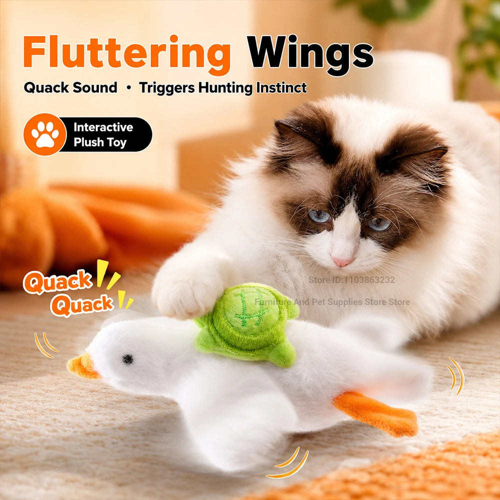 Interactive cat toy: motorized realistic duck with quacking sounds and flapping wings; plush chew toy for puppies and kittens
