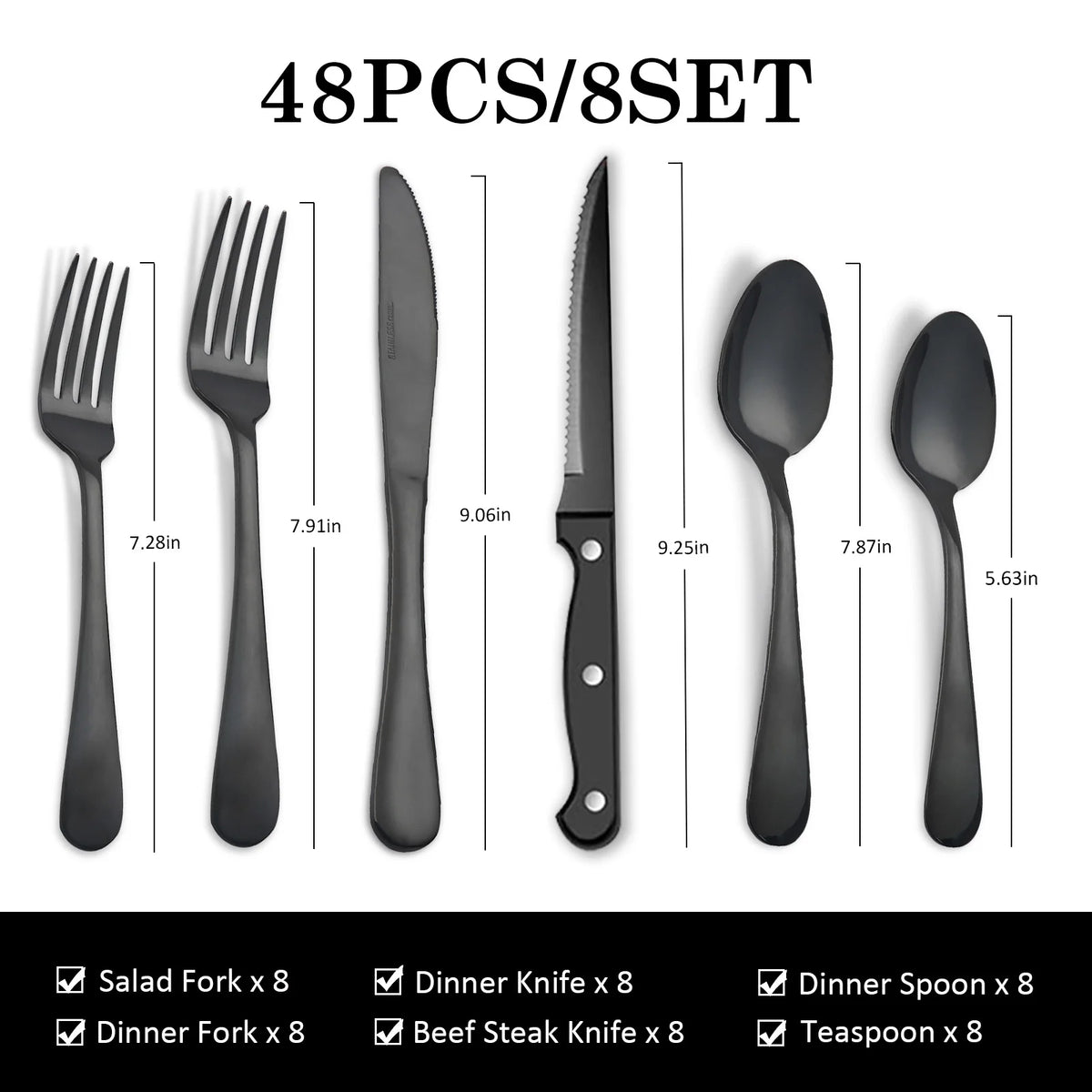 KOOMADE 48Pcs Stainless Steel Cutlery Set Steak Knives Included Mirror Polished Flatware Set Dinner Knife Fork Spoon Tableware Kitchen Utensils Dishwasher Safe For Home Restaurant Party