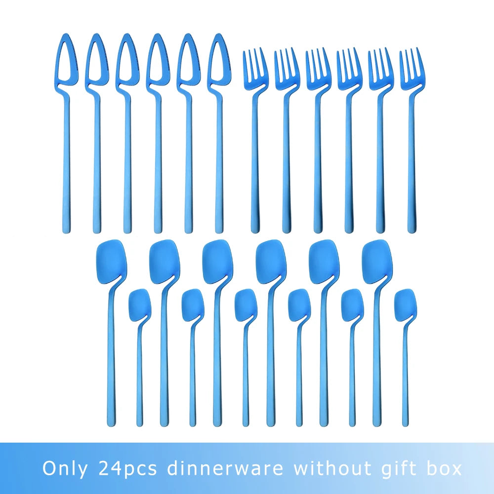 24Pcs Black Dinnerware Set 18/10 Stainless Steel Tableware Set Fork Knife Spoon Cutlery Set Gift Box Flatware Dishwasher Safe