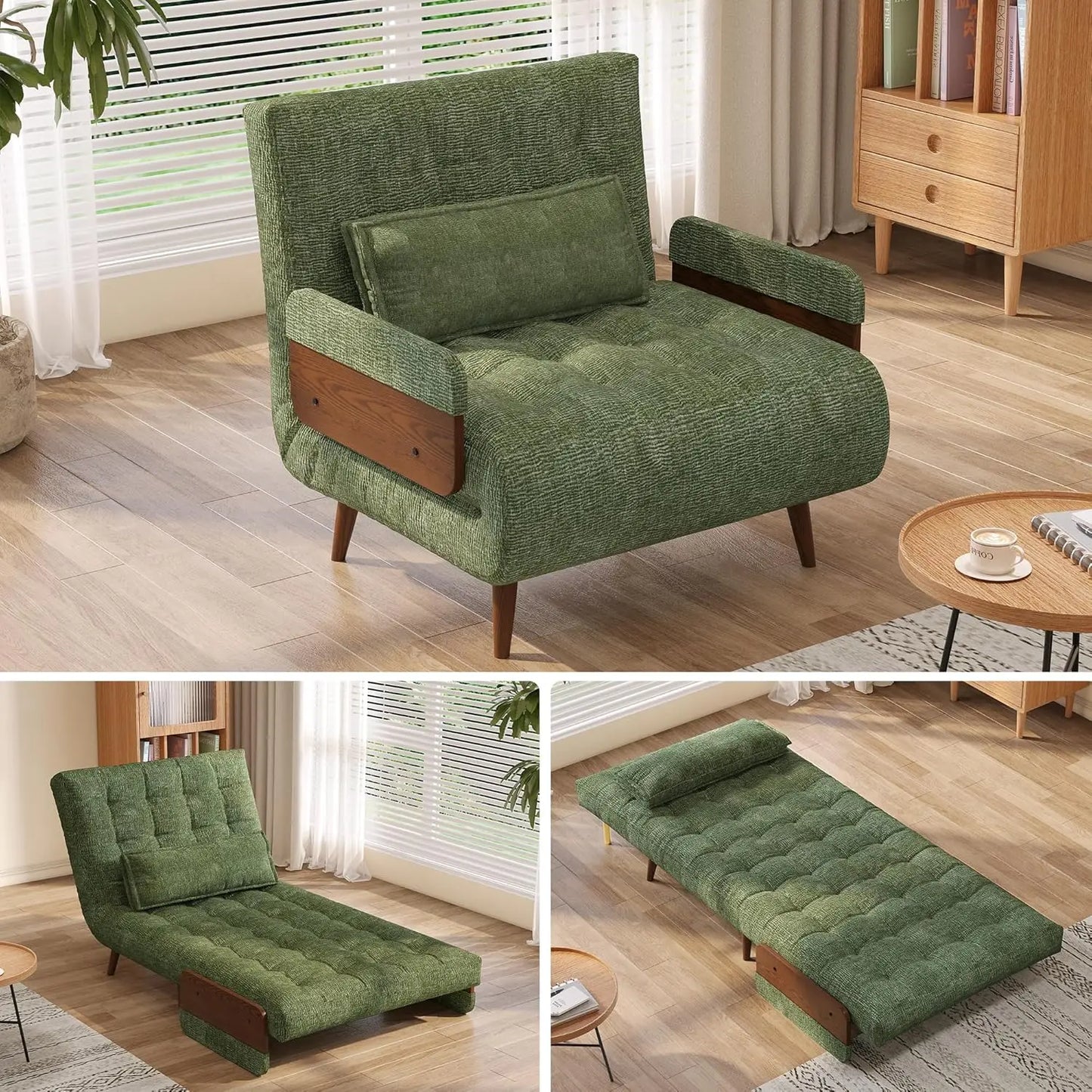 Linen 3-in-1 Convertible Chair Bed Sleeper for Adults Foldable Single Futon with Wooden Arms And Pillows - Comfortable, Customized