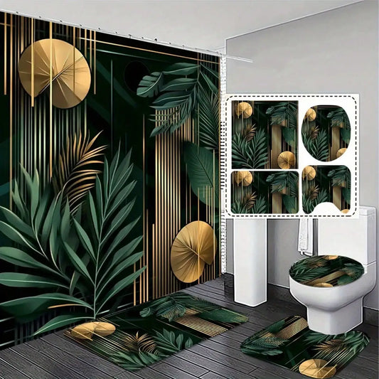 1/3/4pcs, Bohemian Style 2D FLAT Shower Curtain Set with Matching Bath Rugs - Tropical Leaf Design for Modern Bathroom Decor