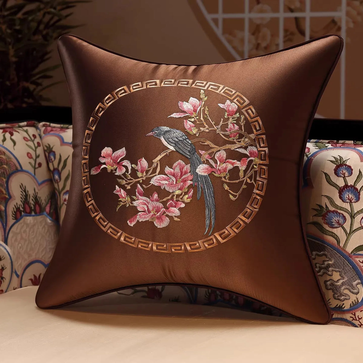 New Chinese Style Embroidered Bird Cushion Cover Living Room Sofa Waist Pillow Luxurious Classical Bed Head Silk Pillowcase