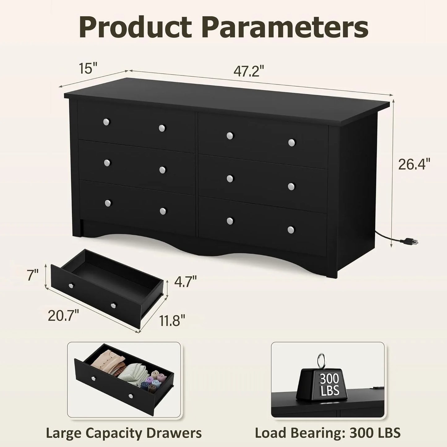 Black 6 Drawer Dresser Modern Wood Chest for Bedroom Living Room Closet Hallway