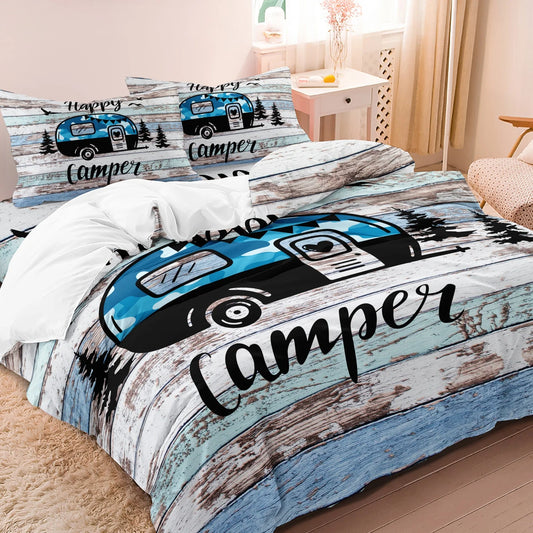 3pcs Vintage Camper Trailer Comforter Cover Set, Blue Wood Grain Print Bedding, Suitable For Family Bedrooms And Dormitories