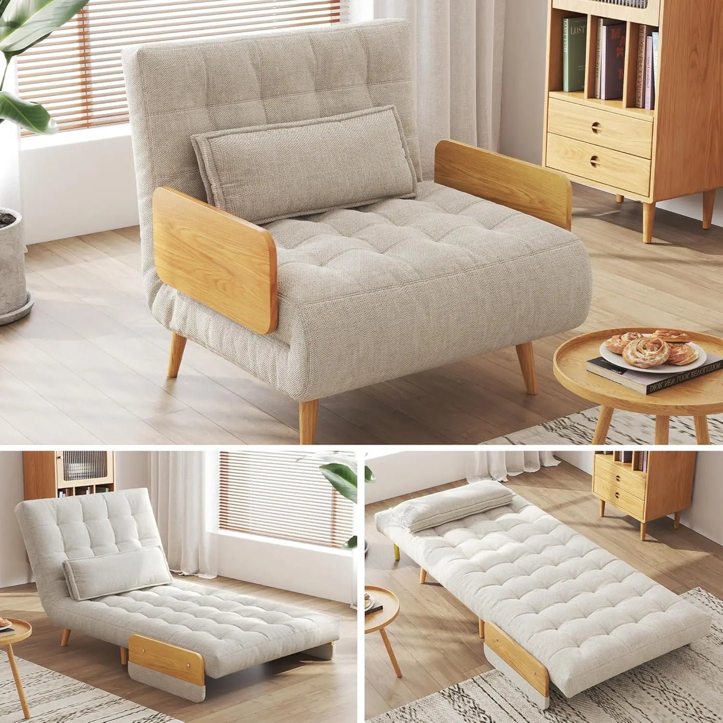 Linen 3-in-1 Convertible Chair Bed Sleeper for Adults Foldable Single Futon with Wooden Arms And Pillows - Comfortable, Customized