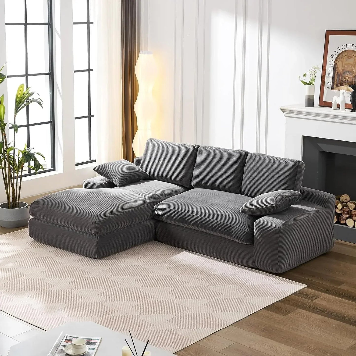 Cloud Modular Sectional Couch 98.4' with Chaise L-Shaped Modern Deep Seat Corduroy Upholstered Sofa for Living Customized