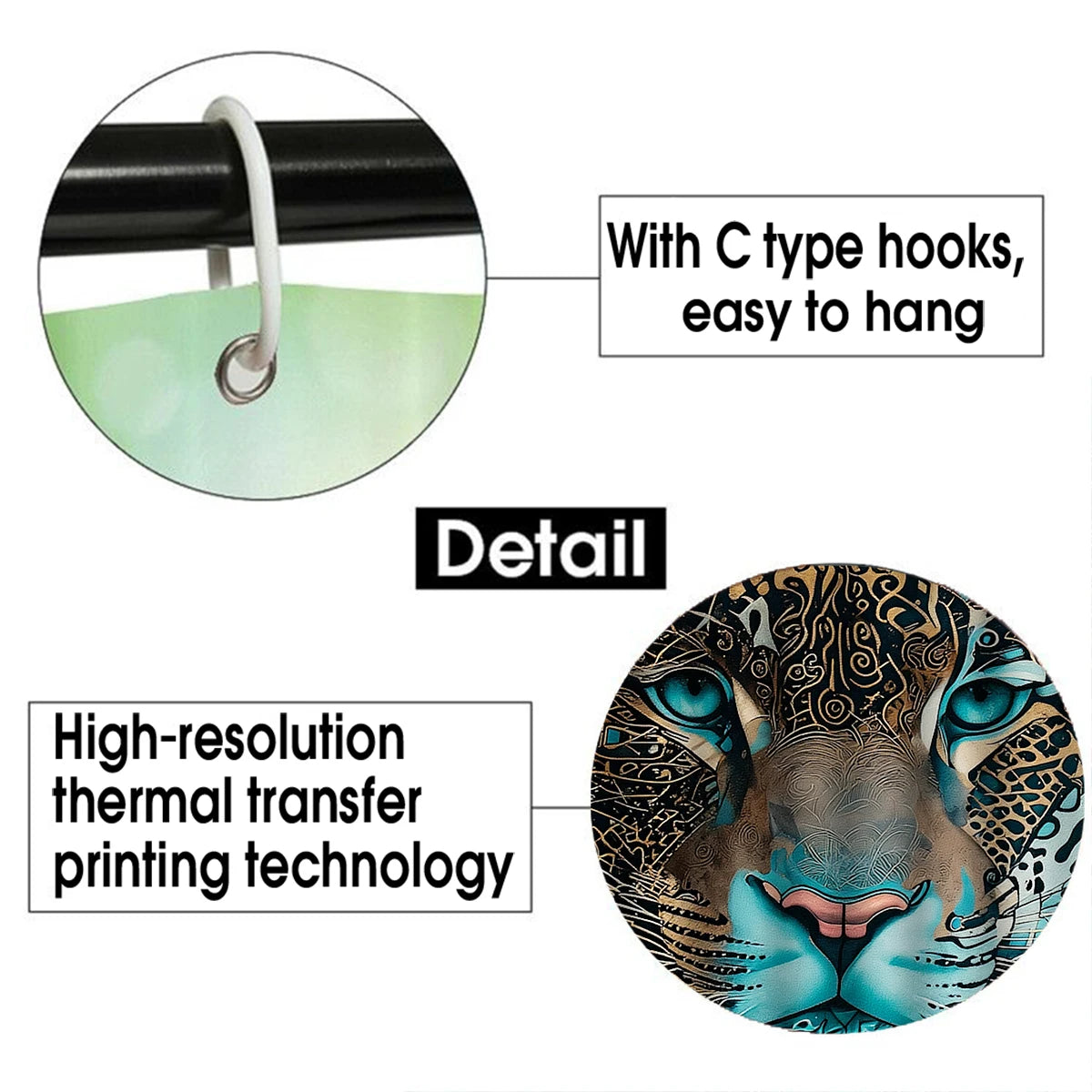 4Pcs Teal Tribal Jaguar Shower Curtain Set with Hooks, Boho Geometric Animal Print Waterproof Mildew Resistant Fabric Bath Mat for Family Bathroom Home Decor