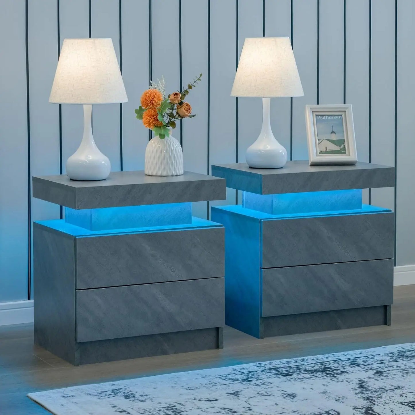 Nightstand Set of 2 LED Nightstand with 2 Drawers,Night Stand Set 2 with LED Light,Bedside Table with Drawers for, Customized