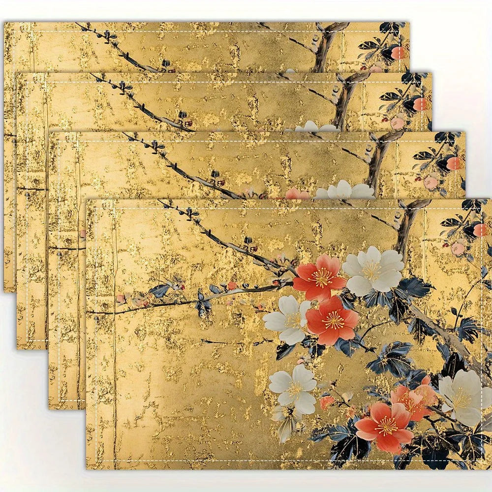Stylish Japanese Golden Floral Design Placemats Trendy Printed Table Mats Suitable for Dining Tables Kitchens Parties Indoor Use