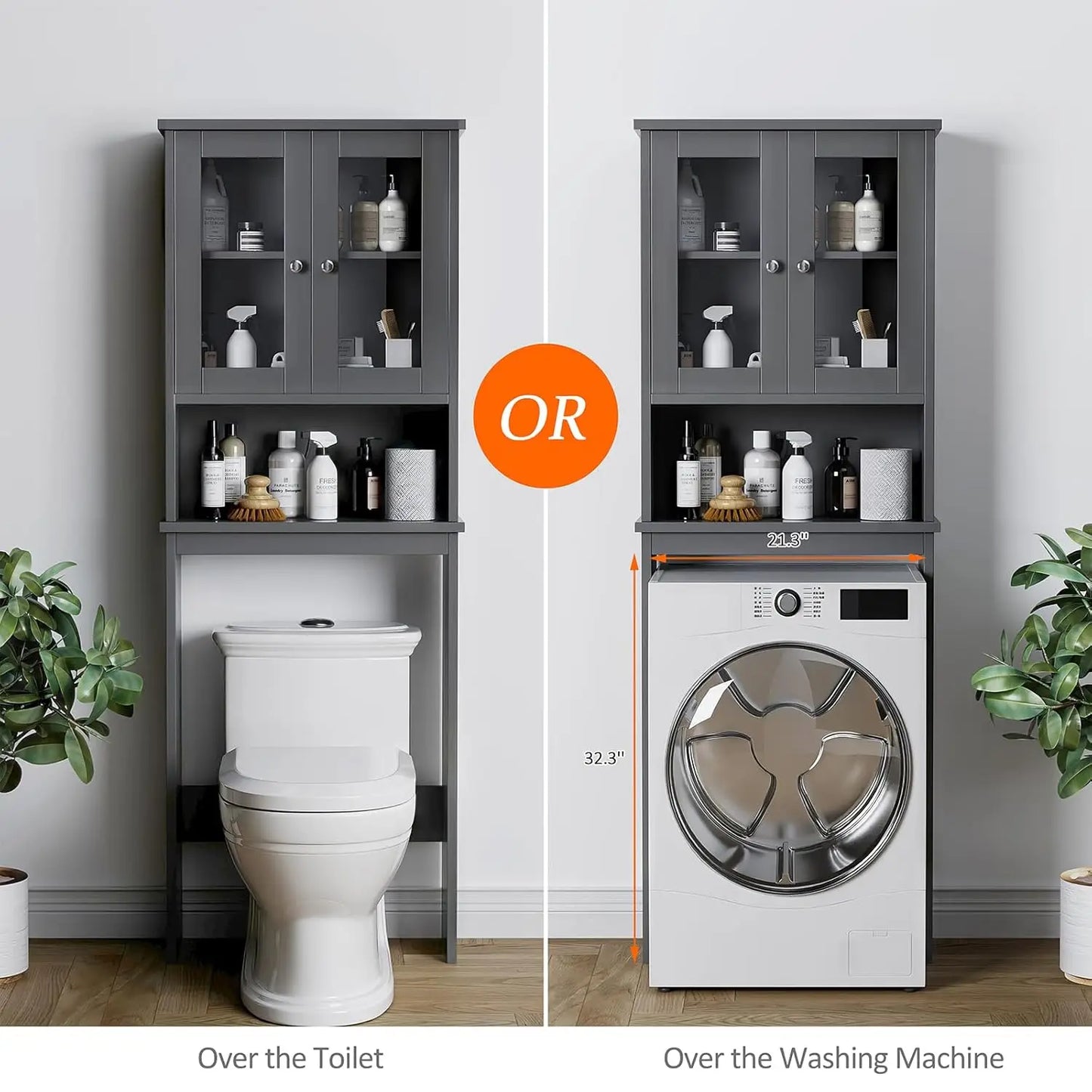 Over The Toilet Storage Cabinet, Bathroom Storage Cabinet Over Toilet, Space Saver with 2 Tempered Glass Doors, Grey, Customized