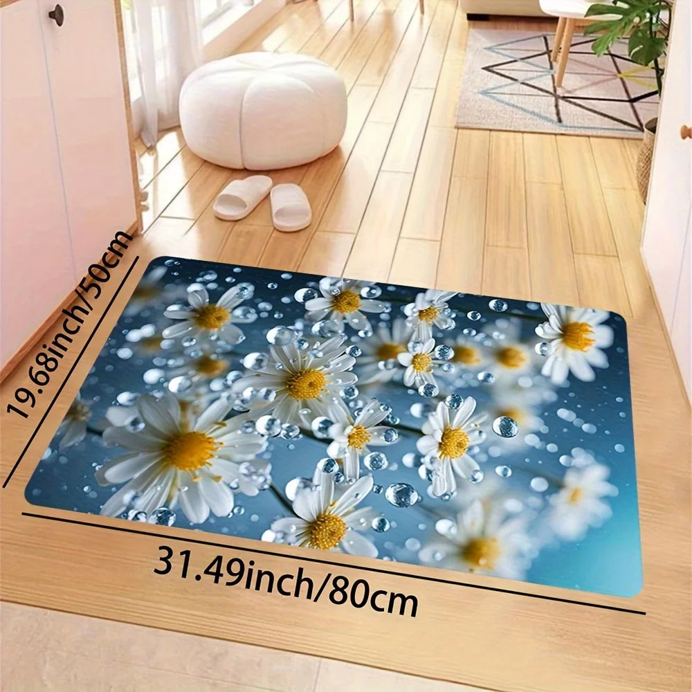3D Daisy Flower Kitchen Runner Rug, Realistic White Chamomile with Water Droplets Non-Slip Absorbent Floor Mat for Entryway