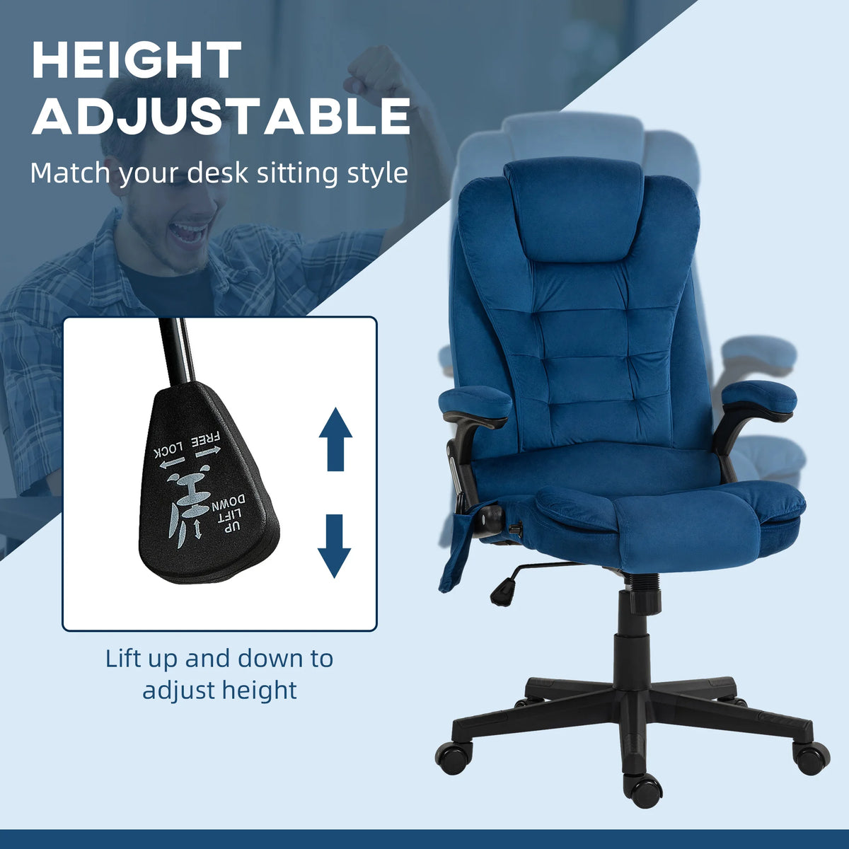 HOMCOM Executive Office Chair with 6 Points Vibration Massage and Heated Lumbar Support, Velvet High Back Computer Chair with Reclining Backrest, Tilt Function and Padded Armrests, Drak Blue