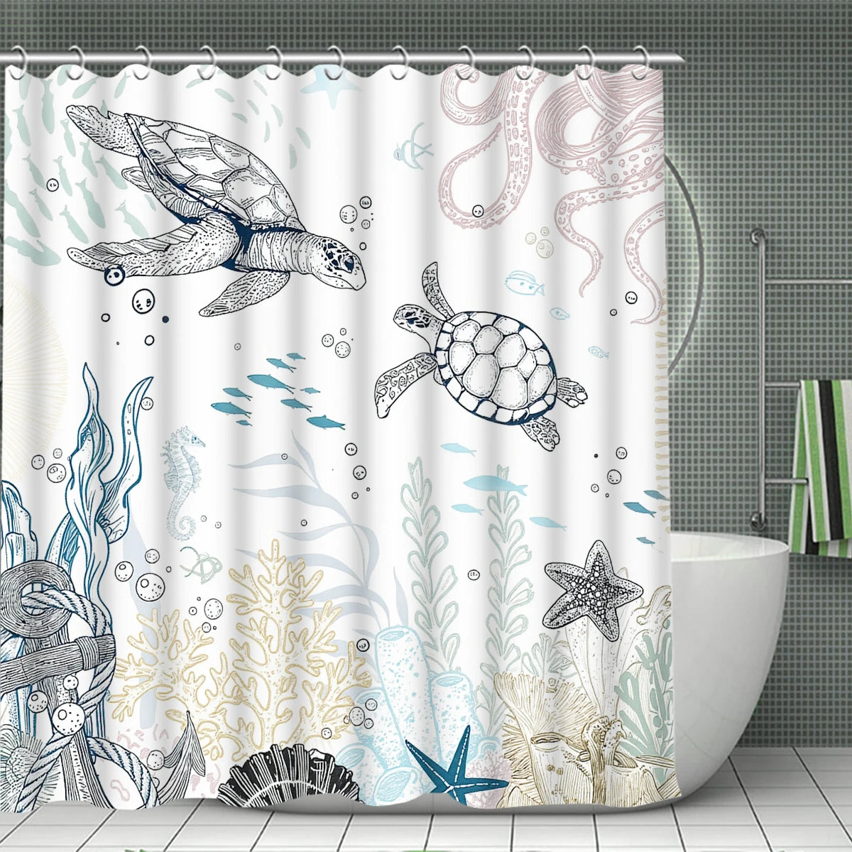 4 Pcs/Set Sea Turtle & Coral Shower Curtain Bathroom Set, Coastal Nautical Print Waterproof Mildew Resistant Fabric, Family Bathroom Decor, Minimalist Ocean Style Bath Mat Set, Fits Apartment, Guest Bathroom, Home Use, Includ