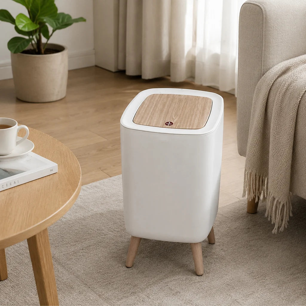 Nordic Standing Press‑Lid Trash Can, Square Cream White Plastic Waste Bin With Decorative Wooden‑Look Legs, Lidded Odor‑Proof Decorative Garbage Bin for Bedroom, Bathroom, Living Room