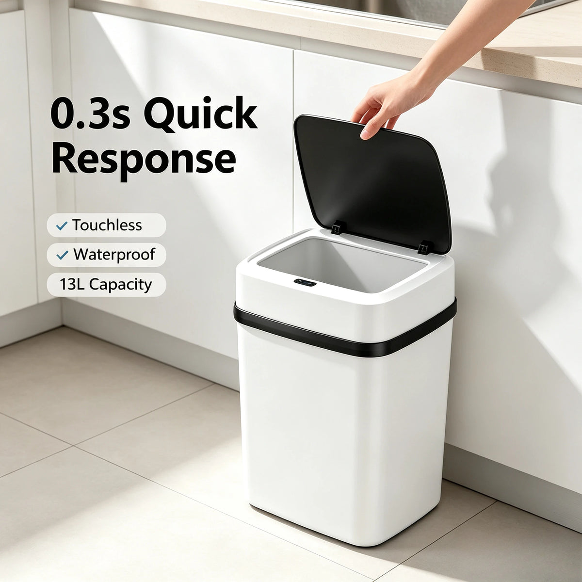 Smart Automatic Sensor Trash Can 13L Touch‑less Waterproof Garbage Bin 0.3s Fast Response For Kitchen Bathroom Household