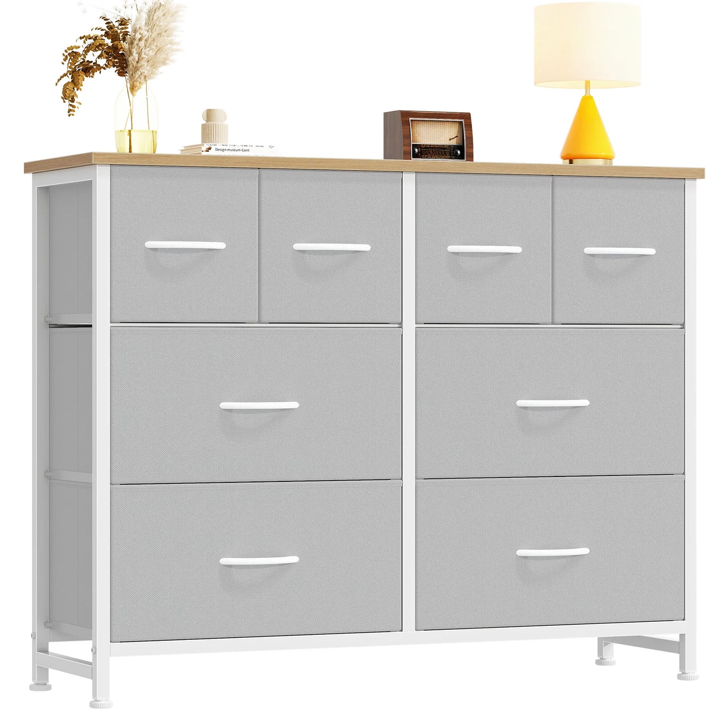 JHK 8 Fabric Drawers Dresser for Living Room Storage Tower with Wood Top and Mental Frame Wide Fabric Dresser for Closet Storage Unit for Entryway