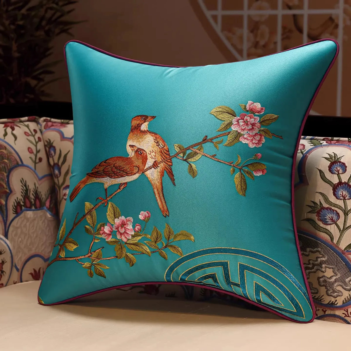 New Chinese Style Embroidered Bird Cushion Cover Living Room Sofa Waist Pillow Luxurious Classical Bed Head Silk Pillowcase
