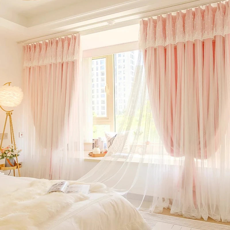 2pcs girls double princess style French pink curtain bedroom ins wind blackout new living room dream curtain