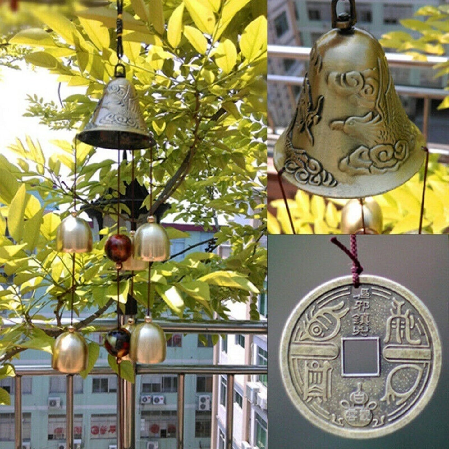 6 Copper Bells Wind Chimes - Outdoor Metal Hanging Ornament, Yard & Garden Decor