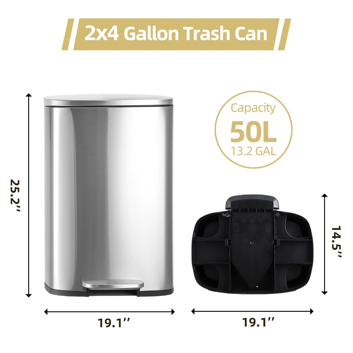Large Capacity Stainless Steel Kitchen Trash Can 13 Gallon - Soft Close Step Pedal - Removable Inner Bucket - Fingerprint & Odor Resistant - Hands-Free Garbage Bin for Kitchen, Office, Bathroom