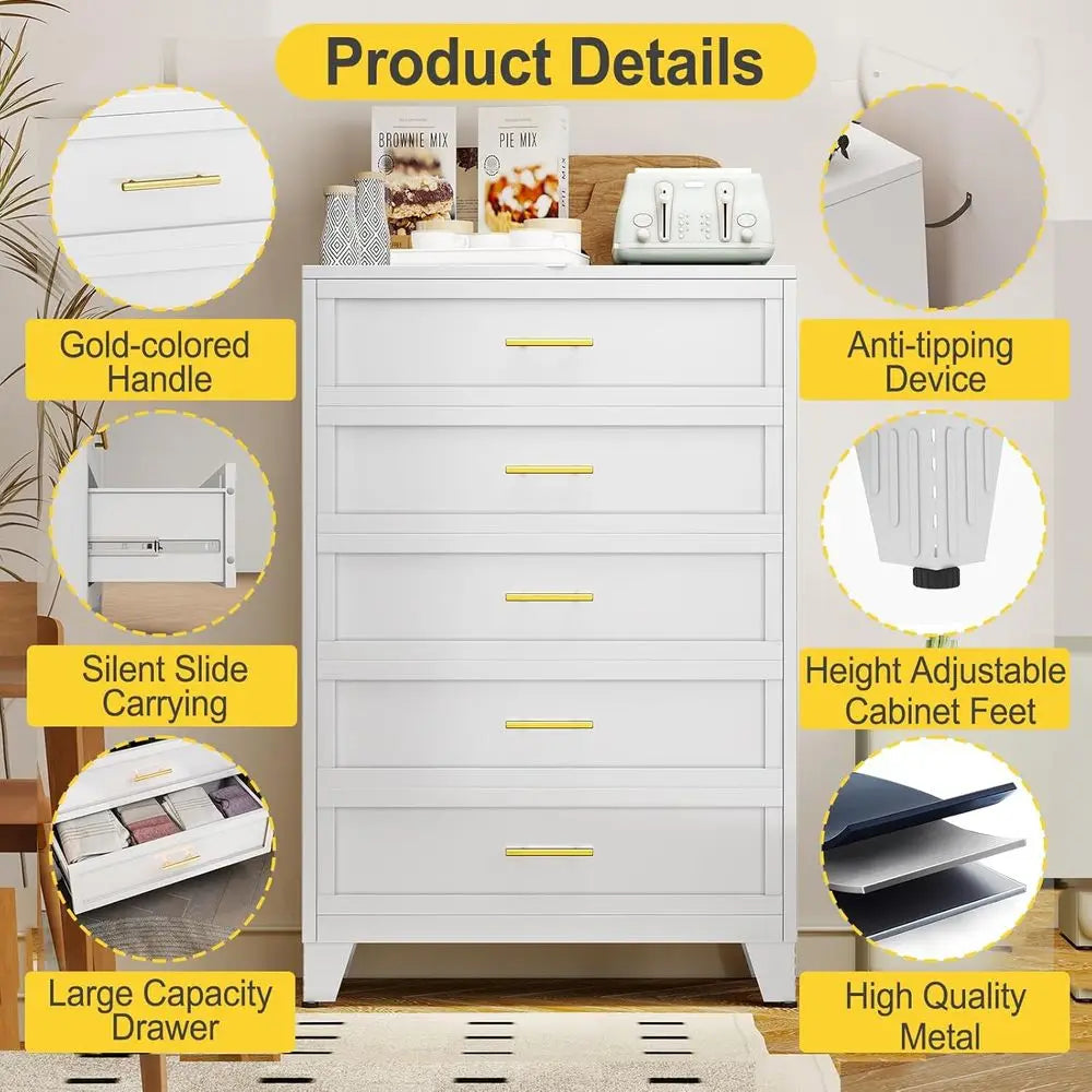 53.54 Tall Metal Drawer Unit for Bedroom, 5 Drawer White Chests, Storage Organizer, Large Space Cabinet for Living Room, Entrywa