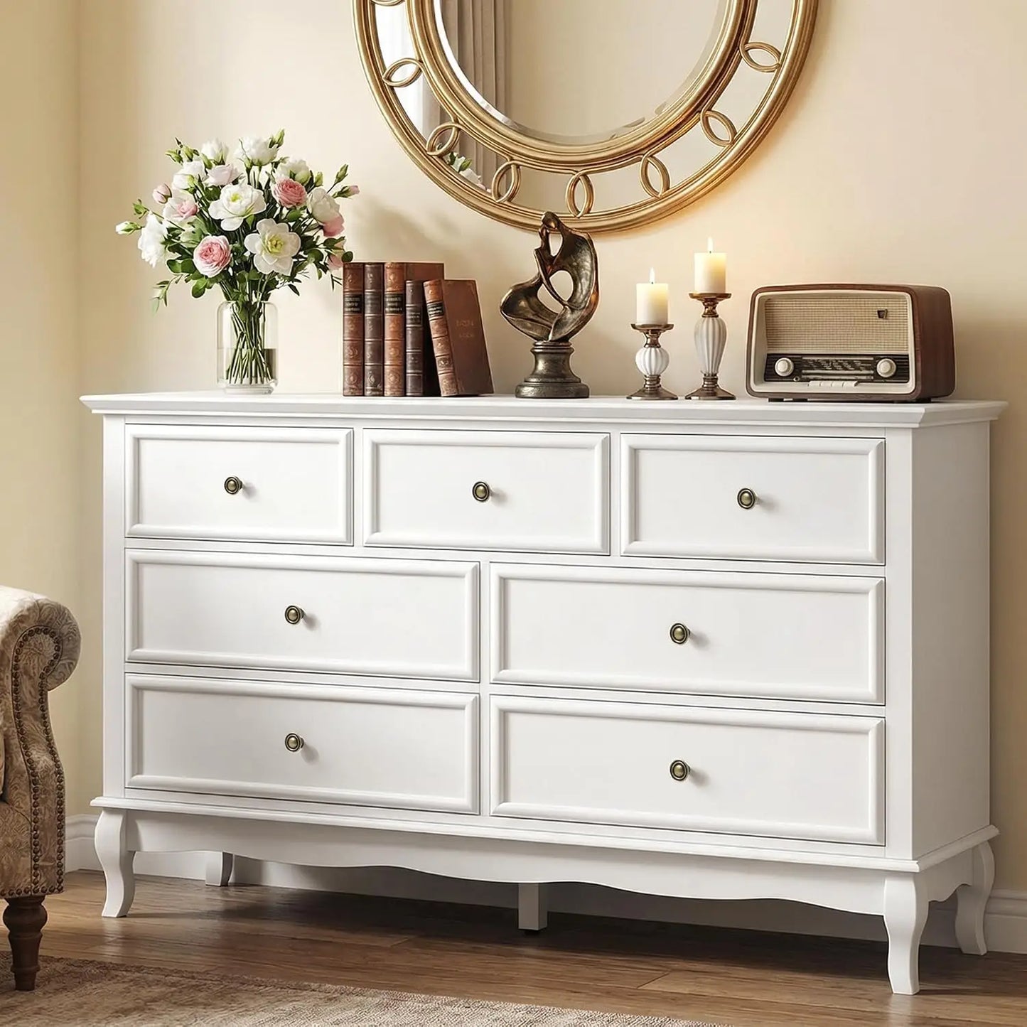 53" Wide White Modern Dresser,7 Drawers,Solid Wood Legs For Bedroom, Custom