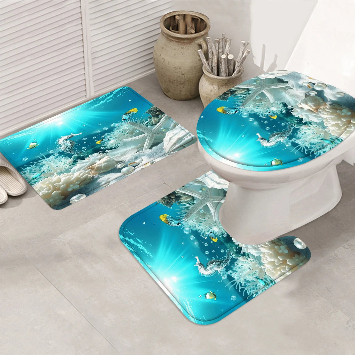 4Pcs Ocean Life Shower Curtain Set with Hooks, Underwater Seahorse Coral Print Waterproof Mildew Resistant Fabric Bath Mat for Family Bathroom Home Decor