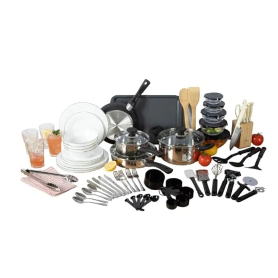 74 Piece Kitchen in a Box Pots and Pans Cookware Plates and Bowls Dinnerware Cutlery Knife Block Flatware Utensils Tools Gadget