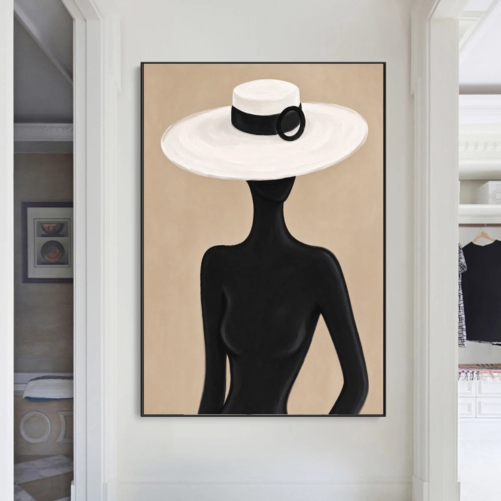 Minimalist Black Silhouette Woman With White Wide Brim Hat Canvas Wall Art Neutral Beige Boho Abstract Female Portrait Print