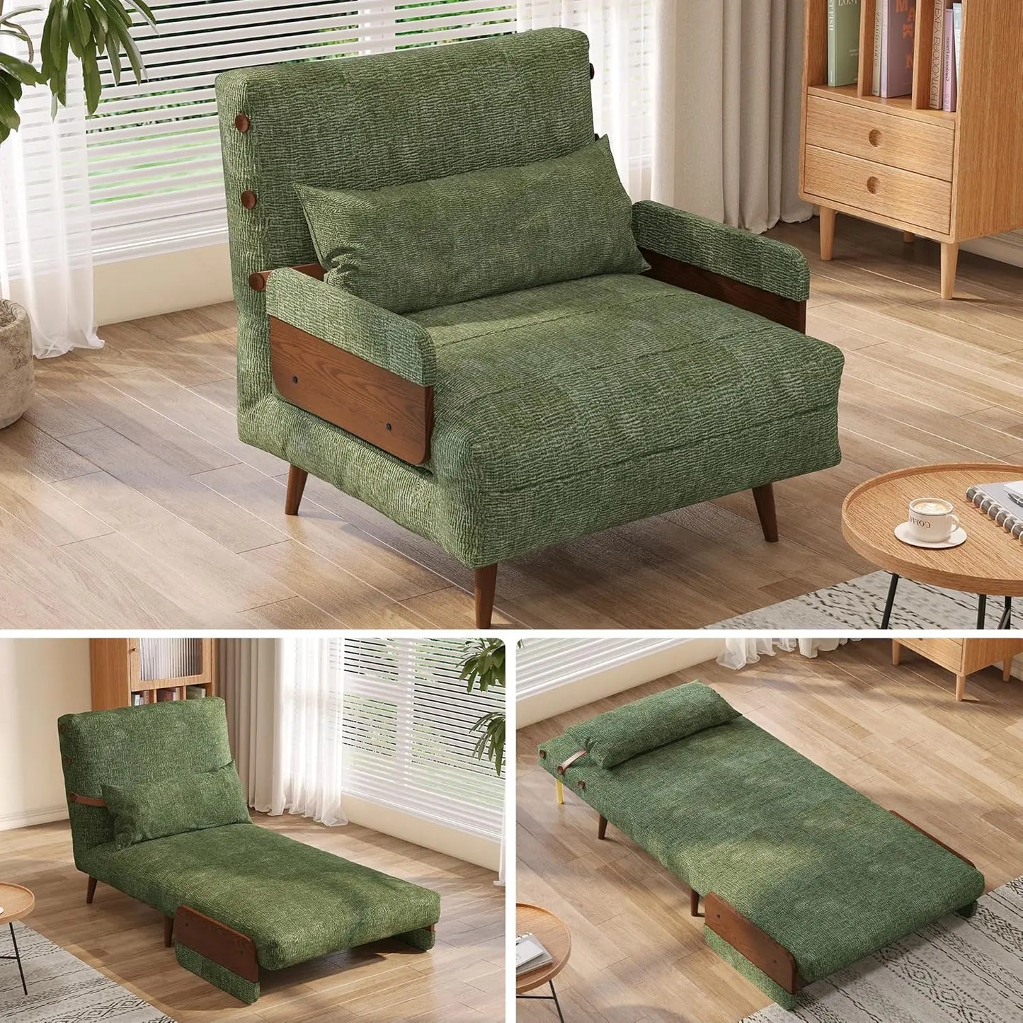 Linen 3-in-1 Convertible Chair Bed Sleeper for Adults Foldable Single Futon with Wooden Arms And Pillows - Comfortable, Customized