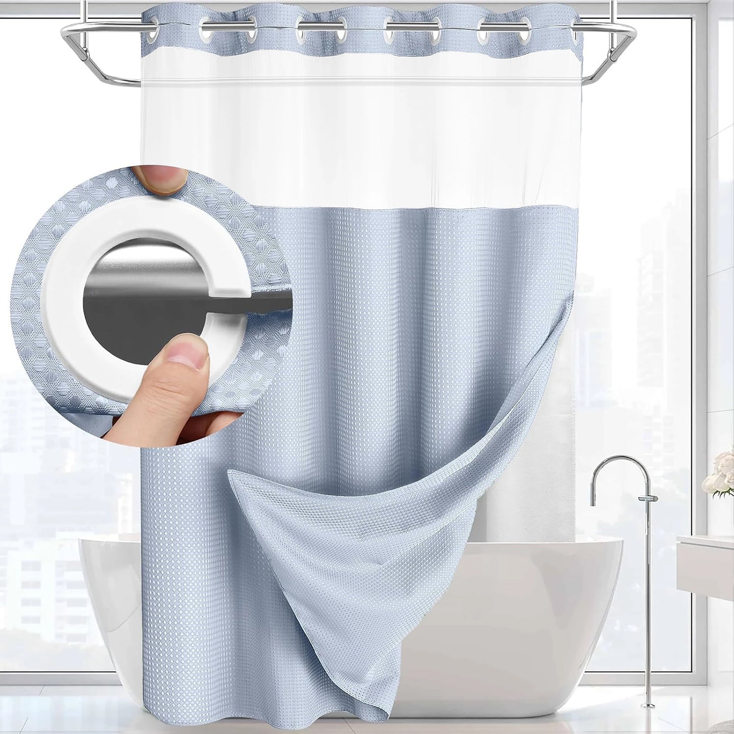 1PC Dotted Waffle Weave Shower Curtain Set Hotel Spa Grade Fabric 71x74 with Snap-In Liner No Hooks Required